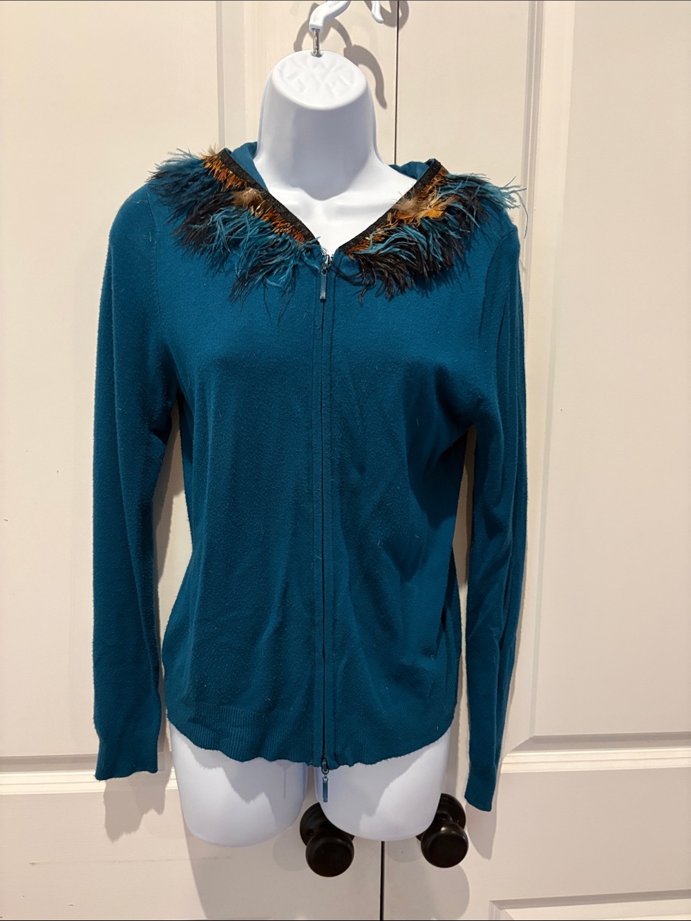 Dolce Cabo Teal Zip Front Jacket with Feather Trim